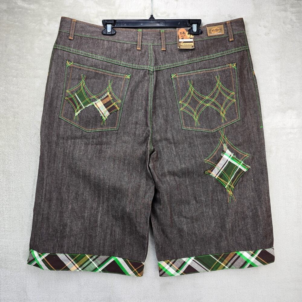 NWT Vintage Kno Betta Denim Shorts Mens 42 Brown Jean Shorts Y2K Baggy Plaid